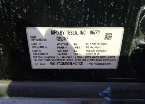 2020 Tesla Model S Long Range Dual Motor All-Wheel Drive/Long Range Plus Dual Motor All-Wheel Drive из США, поврежденный, VIN 5YJSA1E29LF401431